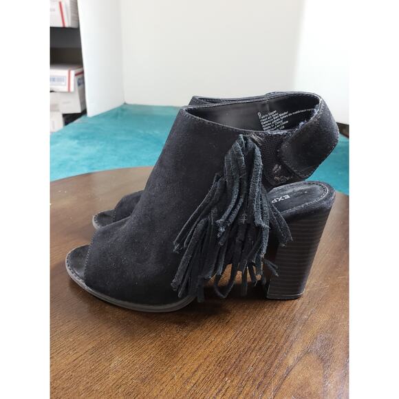 Express Heels Size 6 Womens Black Slingback Block Fabric Tassle Peep Toe Shoes - Picture 7 of 13